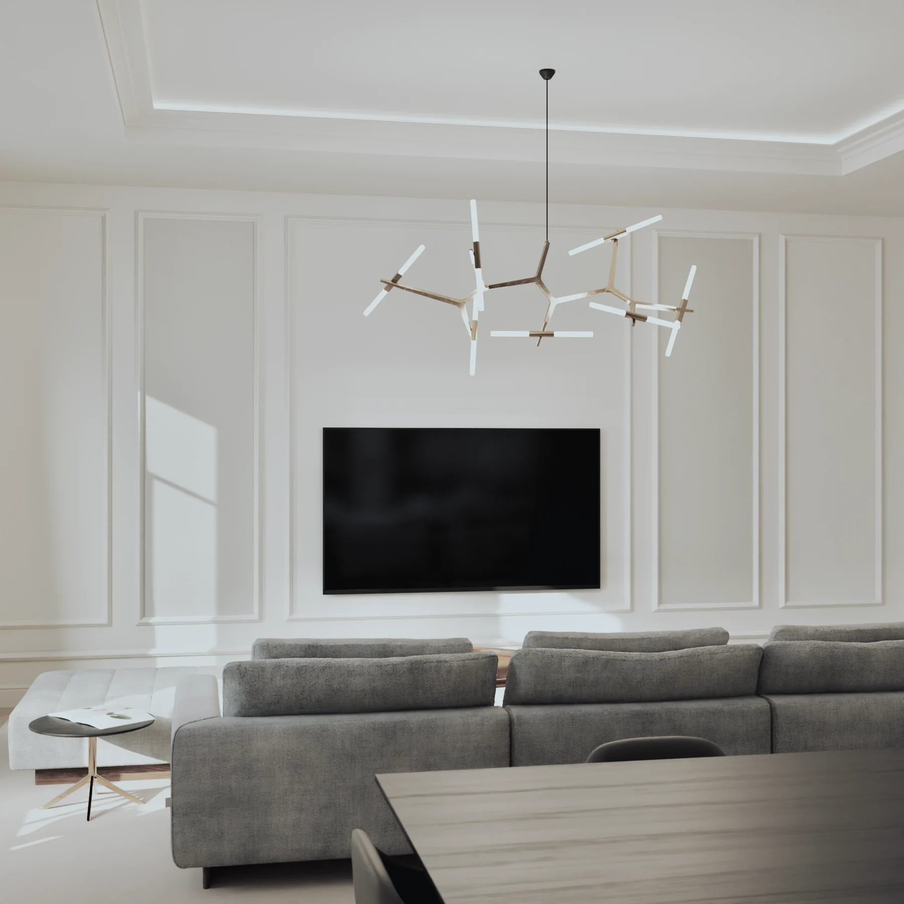 Jasny salon z telewizorem i systemem audio zintegrowanym z architekturą wnętrza